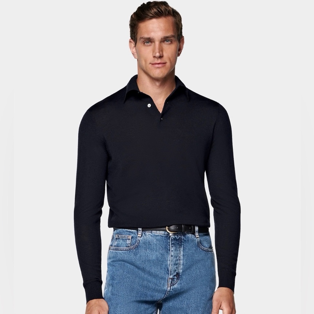 Suitsupply Black Merino Wool Long Sleeve Polo Shirt